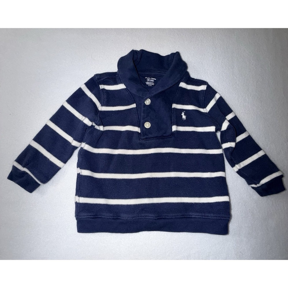 Ralph Lauren Baby Boys Cotton Shawl Collar Sweater Size 18M Blue White Pony